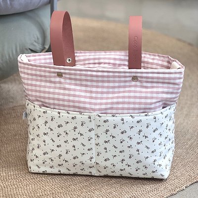Bolsa panera para cochecito en tela con asas de piel